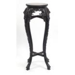 Chinese carved hardwood plant stand with inset marble top, 83cm High x 28cm in diameter : For