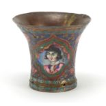 18th/19th century Turkish enamelled beaker, hand painted with noble portraits, 7.5cm high : For