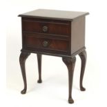 Mahogany sewing box table with contents, raised on cabriole legs, 65cm H x 46cm W x 33cm D : For