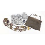 Objects including a silver plated chain link purse, Metropolitan Police badge and Alva Museum brooch