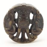 Chinese russet jade carving of mythical animals and an archaic vessel, 5cm in diameter : For Further