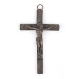 Russian Orthodox silvered bronzed crucifix, 17.5cm high : For Further Condition Reports Please Visit