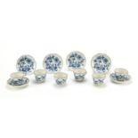 Set of six Meissen fluted cups and saucers, each hand painted in the Blue Onion pattern, crossed