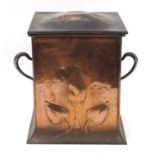 Large Arts & Crafts copper and iron coal box with twin handles embossed with leaves, 46cm high : For
