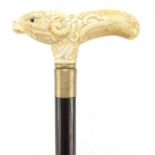 Hardwood walking stick with carved bone handle in the form of a goat, 93.5cm in length : For Further