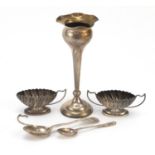 Silver items comprising bud vase, pair of twin handled open salts, a Scottish teaspoon and one other