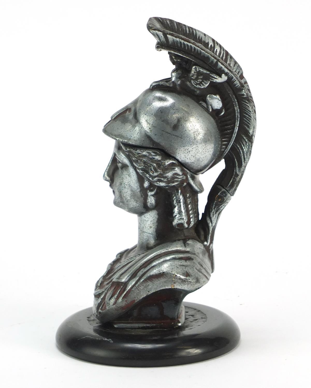 Silvered metal gladiator bust design inkwell with glass liner on circular black slate base, 19cm - Image 6 of 16