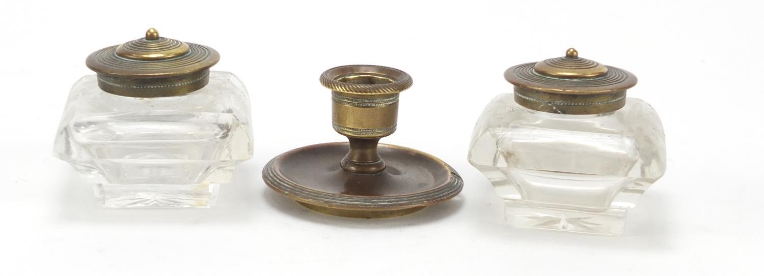 Victorian aesthetic style brass desk stand with two glass inkwells and a chamber stick, 23.5cm - Image 6 of 11
