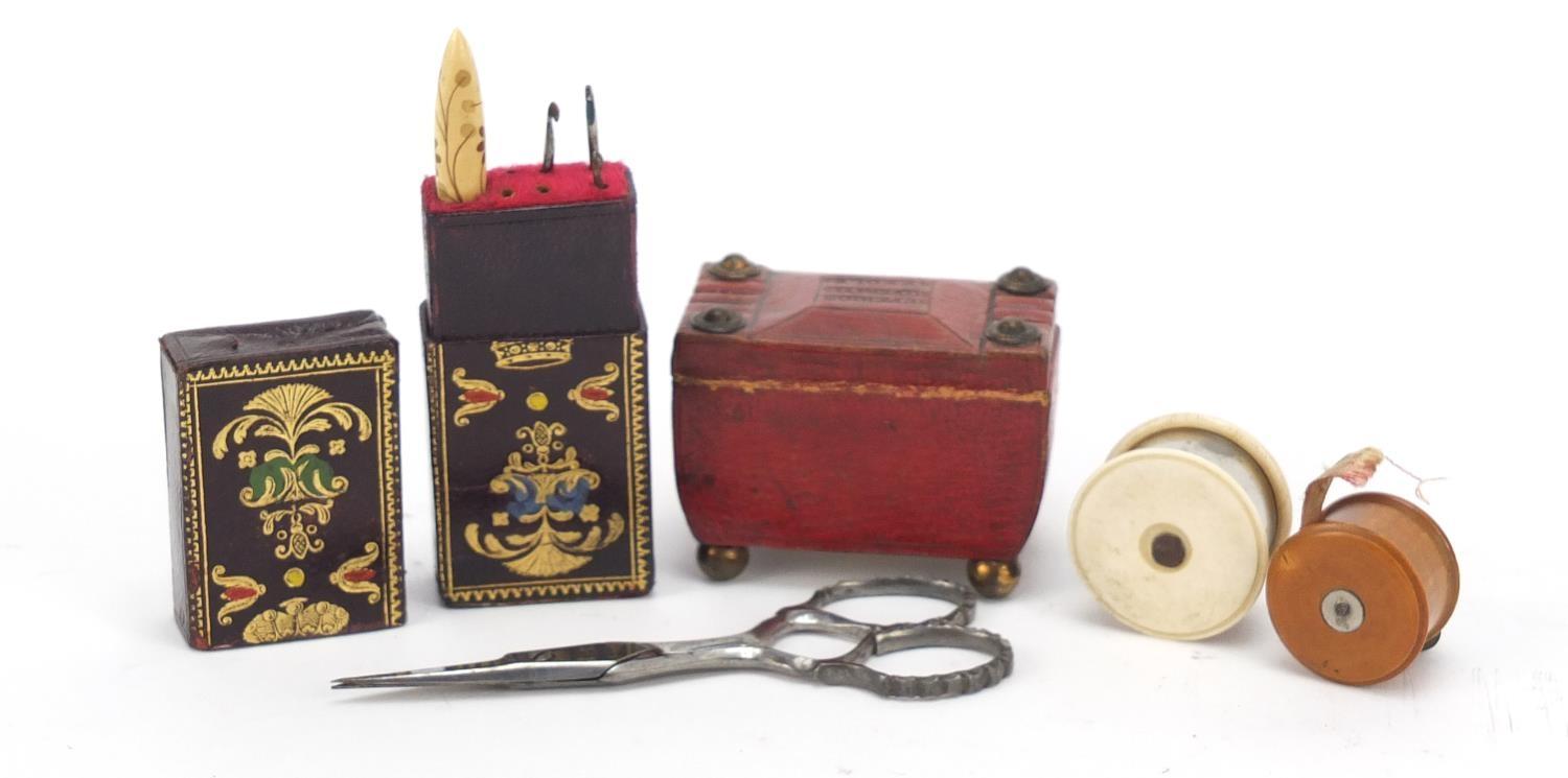 19th century sewing items comprising a tooled leather needle case in the form of a tea caddy, - Image 4 of 6