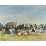 Figures on a beach, French Impressionist oil on board, framed, 59cm x 47cm : For Further Condition