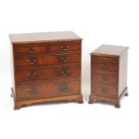 Inlaid mahogany five drawer chest and matching three drawer chest with brushing slide, the largest