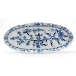 Large Meissen salmon platter hand painted in the Blue Onion pattern, crossed sword marks to the