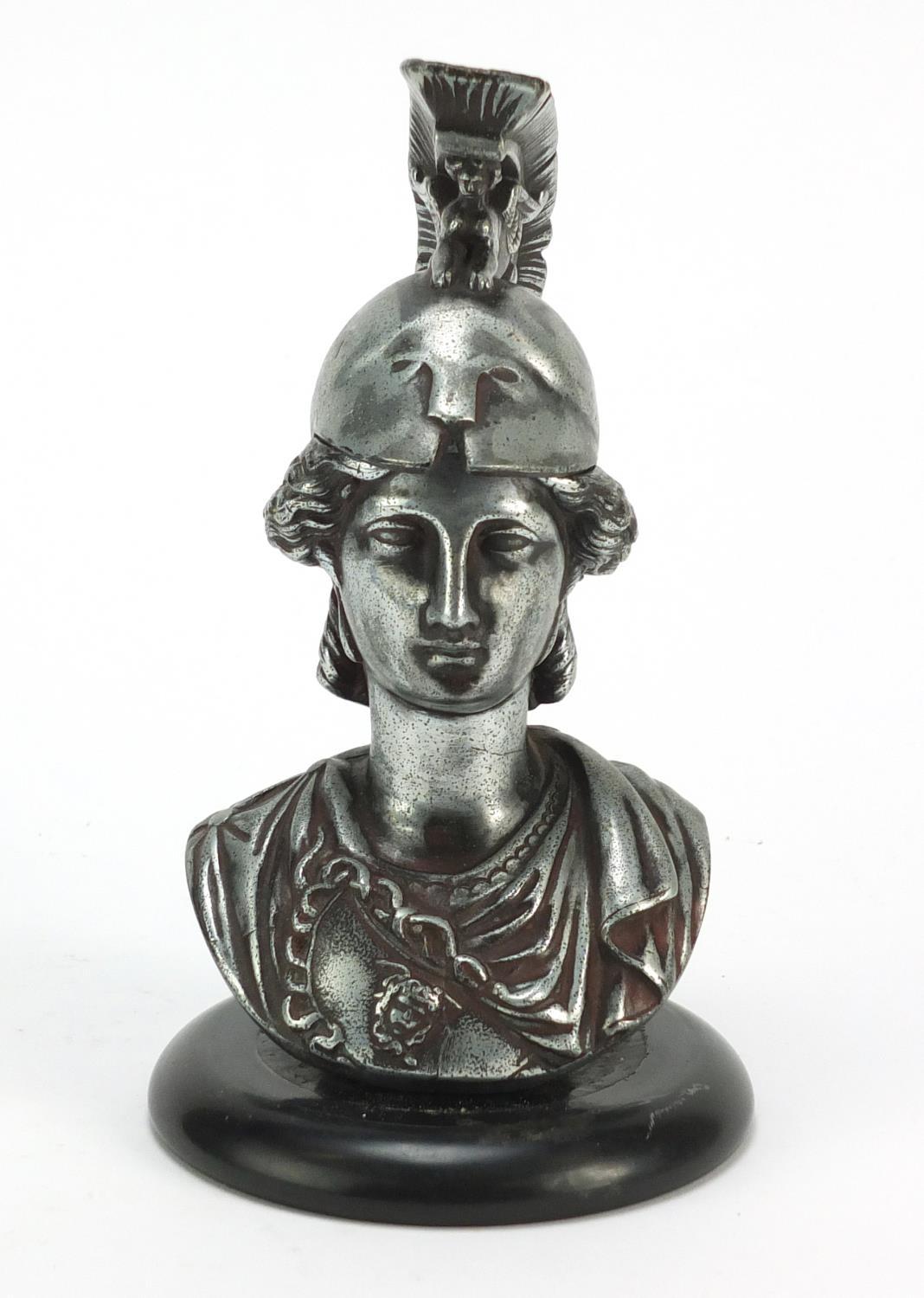 Silvered metal gladiator bust design inkwell with glass liner on circular black slate base, 19cm - Image 3 of 16