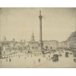 Alfred J Bennett - Trafalgar Square with omnibus and people, pencil signed etching, W.F.Gadsbury