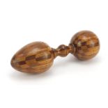 Large inlaid treen double darning ball, 20cm in length : For Further Condition Reports Please