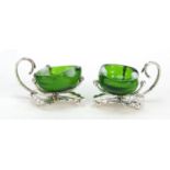 Pair of silver plated naturalistic salts with glass liners, each 7.5cmm wide : For Further Condition