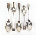 Five Georgian silver tablespoons, various hallmarks, the largest 22.5cm in length, 290.5g : For