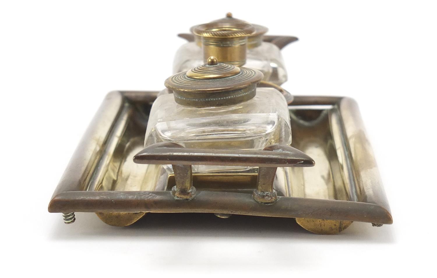 Victorian aesthetic style brass desk stand with two glass inkwells and a chamber stick, 23.5cm - Image 5 of 11