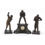 Early 20th century cricketing interest bronzed three piece clock garniture, the clock with