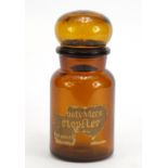 Belgium amber glass apothecary jar with part paper label, 23cm high : For Further Condition