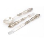 Victorian silver three piece knife, fork and spoon christening set, hallmarked Birmingham 1867,