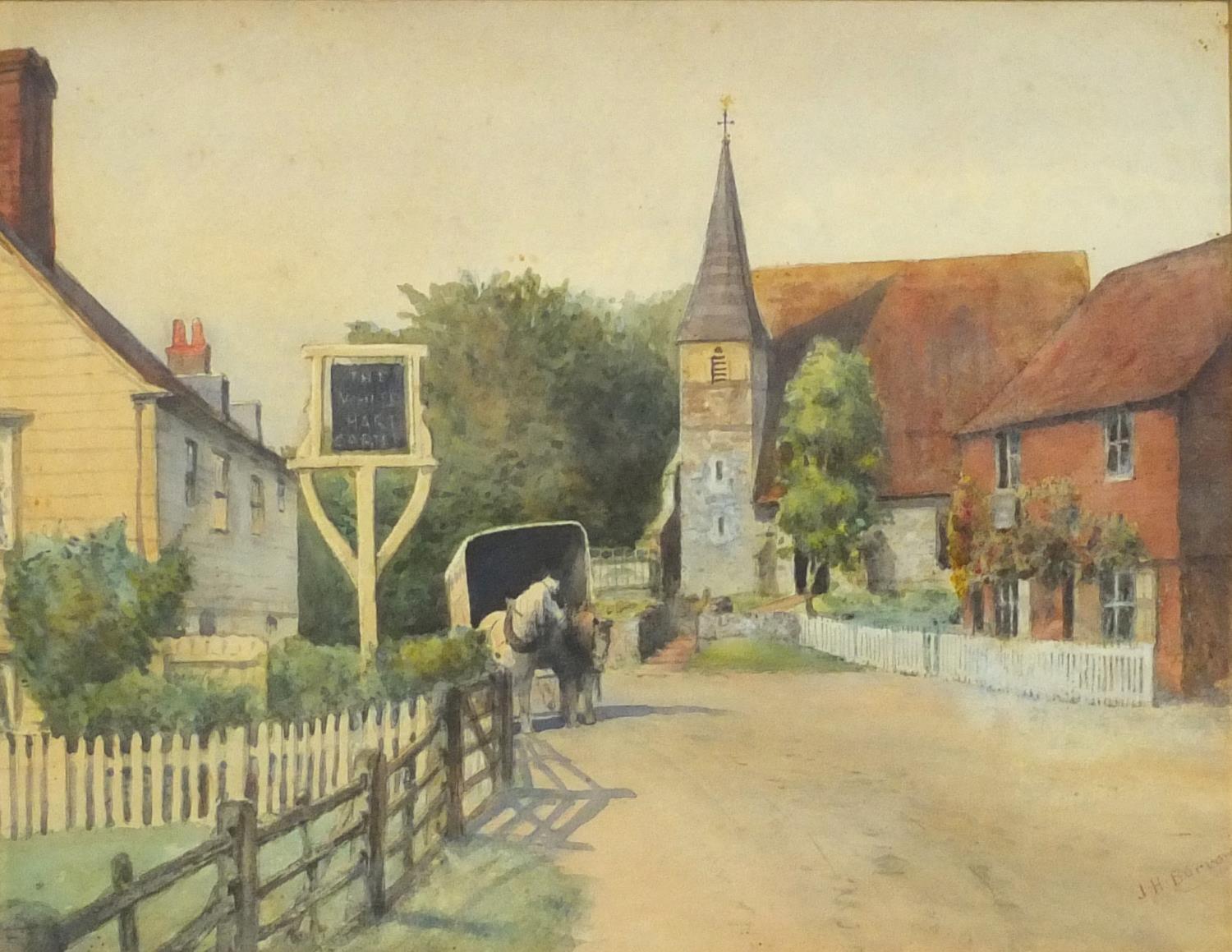 J H Burrow - Street scene with horse drawn cart, watercolour, mounted, framed and glazed, 28cm x