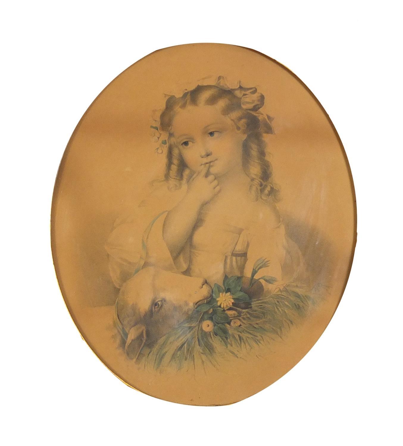 Young girl with a lamb, 19th century oval coloured print, framed and glazed, 29.5cm x 24cm : For