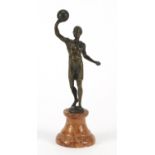 Patinated bronze figure of an Art Deco athlete raised on a circular marble base, 20cm high : For