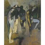 Four nude males, Welsh school oil on board, mounted and framed, 60cm x 50cm : For Further