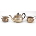 George V silver three piece tea set by Mappin & Webb, Sheffield 1927, the teapot 12cm high x 25cm