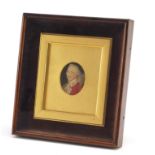 Georgian oval hand painted portrait miniature of a gentleman, housed in a glazed rosewood easel case