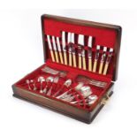 Six place canteen of silver plated cutlery, the knives each engraved Selfridges, 47.5cm wide : For