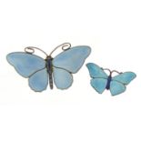Norwegian silver and guilloche enamel butterfly brooch by Marius Hammer and a smaller example by J