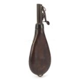 Victorian brown leather powder flask by Sykes, 20.5cm in length : For Further Condition Reports