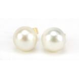 Pair of 18ct gold pearl earrings, OS maker's mark, London 1975, 2.8g : For Further Condition Reports