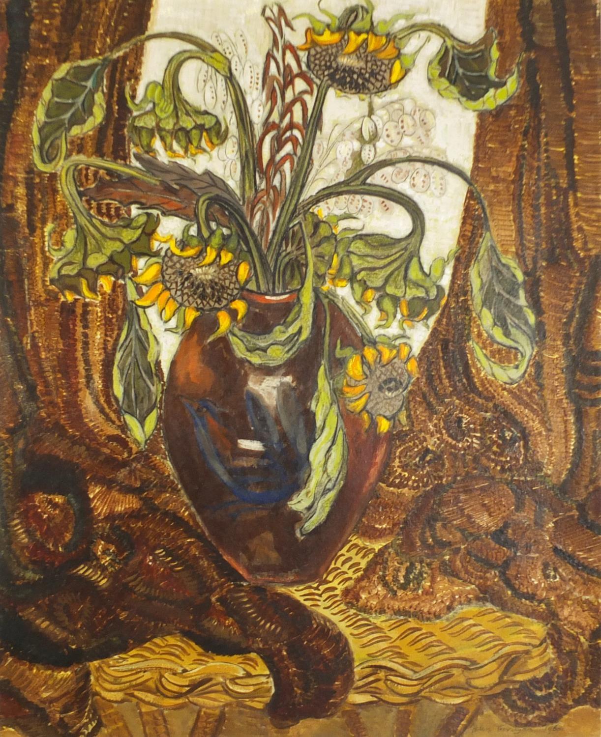 Helen Trevelyan 1960 - Sunflowers in large brown pot, gouache on board, inscribed verso, framed,