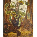 Helen Trevelyan 1960 - Sunflowers in large brown pot, gouache on board, inscribed verso, framed,