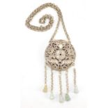 Chinese silver coloured metal pendant with jade drops on chain, the pendant 6cm in diameter : For
