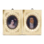 Pair of oval portrait miniatures of a lady and gentleman, each 6.5cm x 5.3cm : For Further Condition