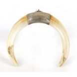 19th century military interest boars tusk pendant with white metal mount, engraved Worn during the