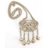 Chinese silver coloured metal pendant with bell drops on chain, the pendant 7cm high : For Further
