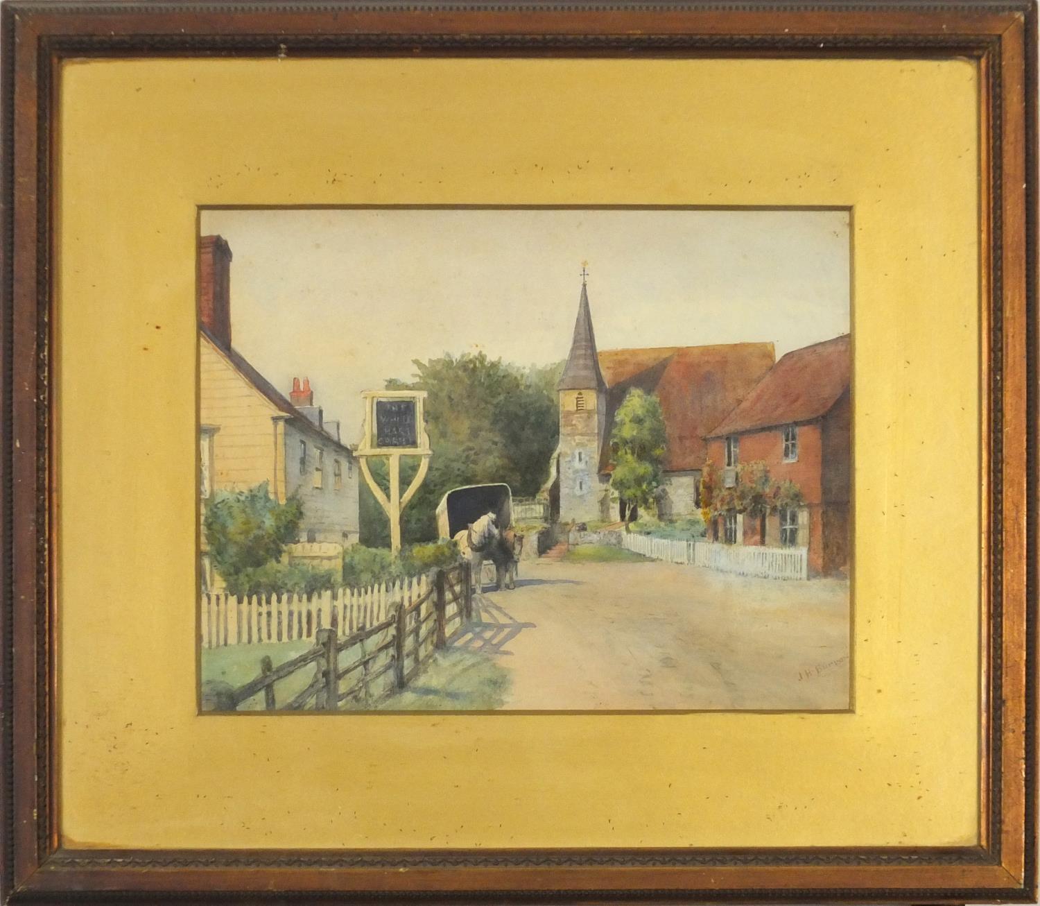 J H Burrow - Street scene with horse drawn cart, watercolour, mounted, framed and glazed, 28cm x - Image 2 of 5