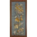 Chinese silk panel embroidered with a crane amongst flowers, mounted in an inlaid wooden frame