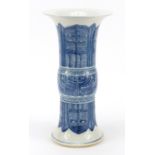 Chinese blue and white porcelain Gu beaker vase, hand painted with mythical faces, six figure