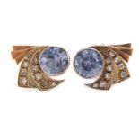 Pair of Art Deco unmarked gold, blue stone and diamond earrings, 2cm in length, 8.0g : For Further