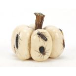 Japanese Shibayama ivory fruit inlaid with insects, carved with character marks, 5.5cm in diameter :