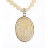 Fresh water pearl and silver cameo pendant on necklace, 38cm in length : For Further Condition