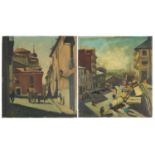 Spanish street scenes, pair of 20th century oil on boards, unframed, each 46.5cm x 42cm : For