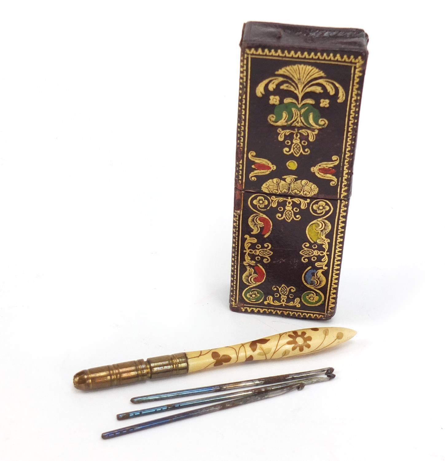 19th century sewing items comprising a tooled leather needle case in the form of a tea caddy, - Image 6 of 6