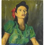 Head and shoulders portrait of an Asian female, oil on canvas, bearing a signature Bailey, unframed,